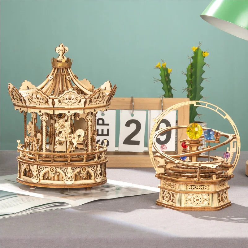 ROBOTIME Carrousel Musical 3D en Bois - Boîte à Musique Rotative 336 Pièces - Puzzle Mécanique DIY Premium
