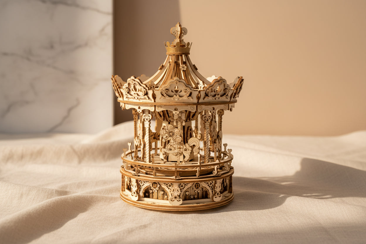 ROBOTIME Carrousel Musical 3D en Bois - Boîte à Musique Rotative 336 Pièces - Puzzle Mécanique DIY Premium