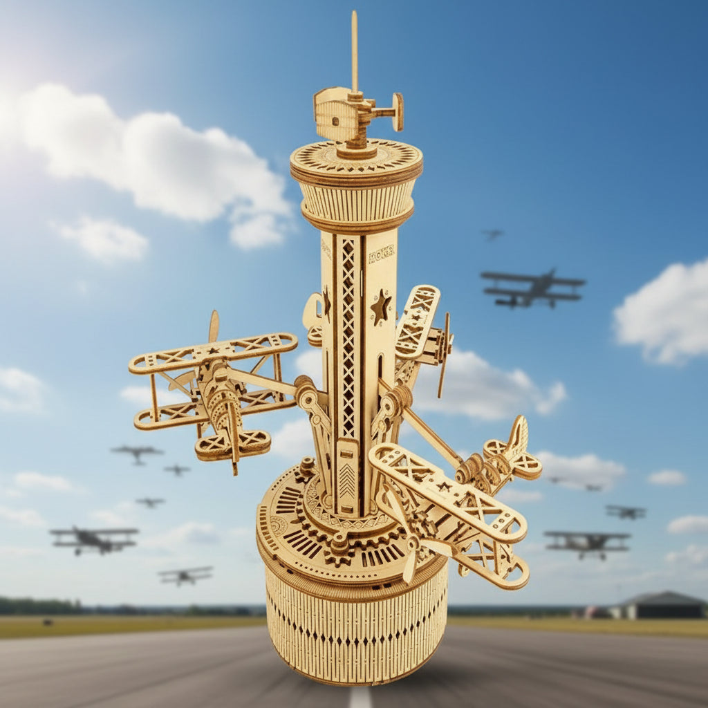 Tour de Contrôle Aérien - Boîte à Musique 3D en Bois Robotime Rokr | Puzzle Mécanique DIY 255 Pièces