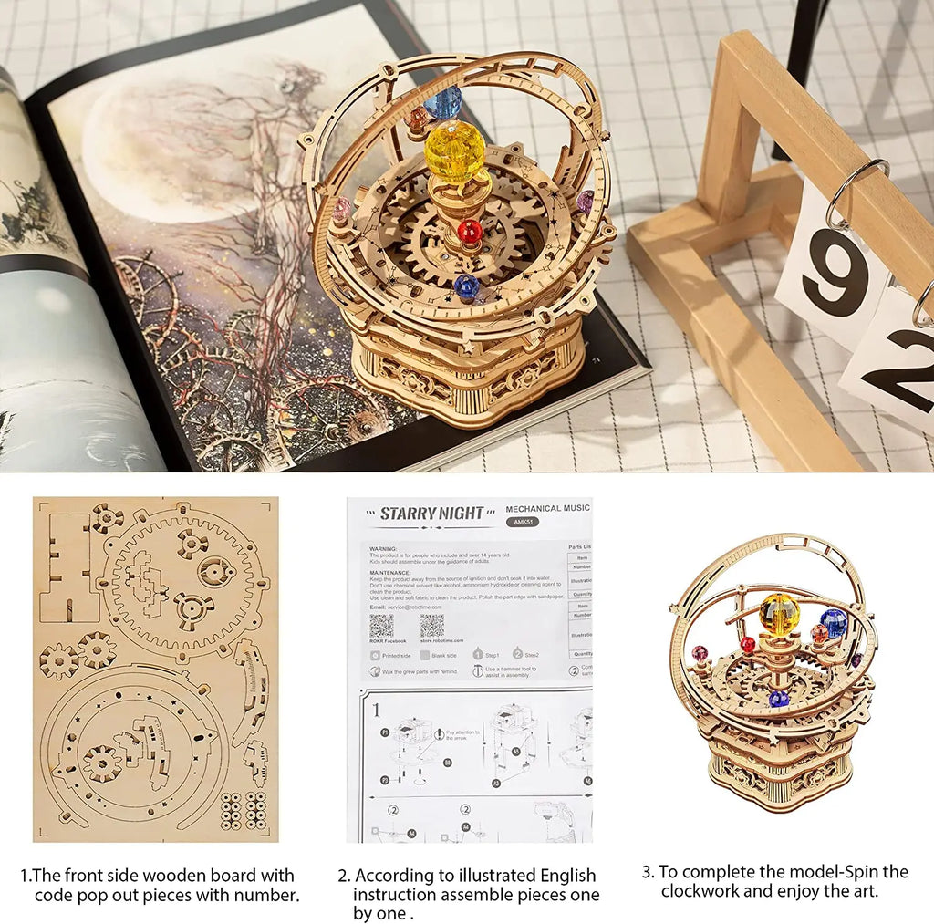 Boîte à Musique Astronomie Planétaire Musical 3D en Bois Robotime Rokr - Astronomie Starry Night | Puzzle Mécanique 84 Pièces