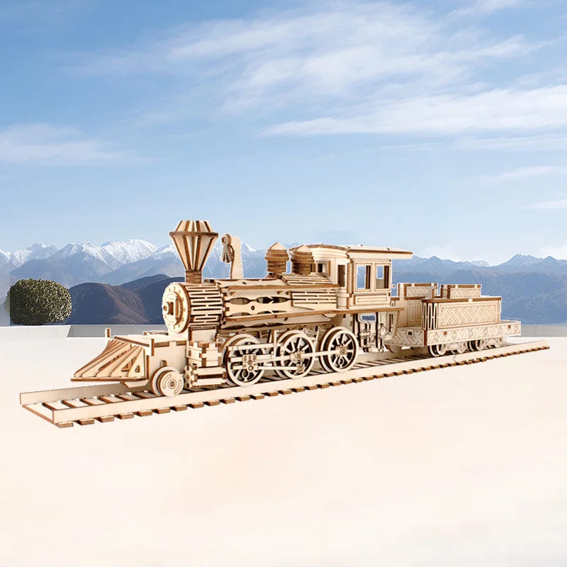 Train à Vapeur 3D en Bois avec Pont Ferroviaire - Puzzle Mécanique Rétro DIY