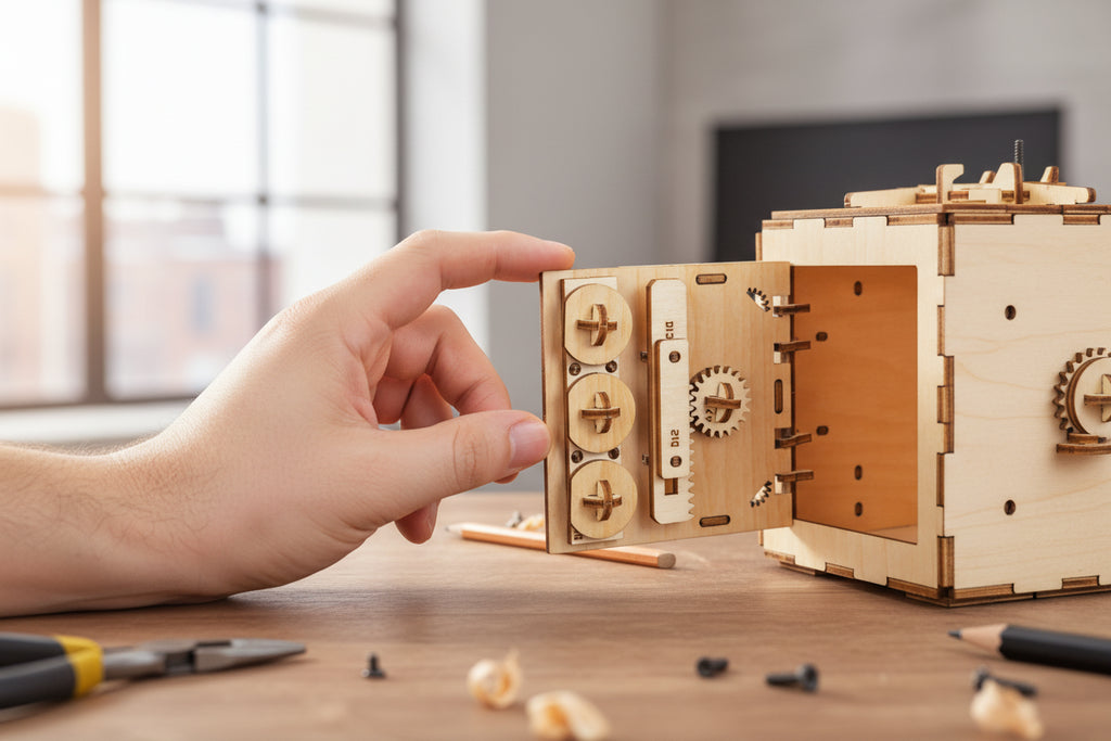 Coffre-Fort Ugears 3D en Bois - Puzzle Mécanique avec Serrure à Combinaison | 179 Pièces