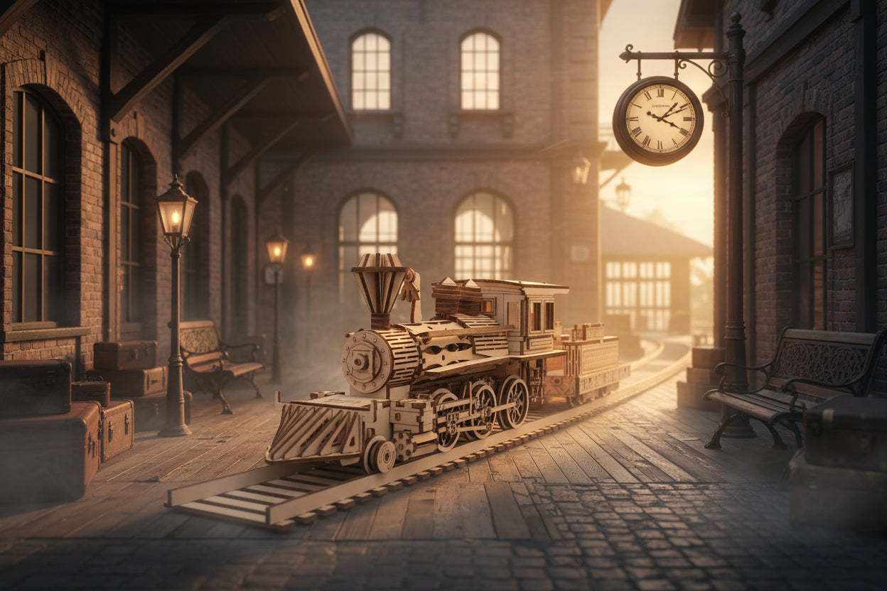 Train à Vapeur 3D en Bois avec Pont Ferroviaire - Puzzle Mécanique Rétro DIY