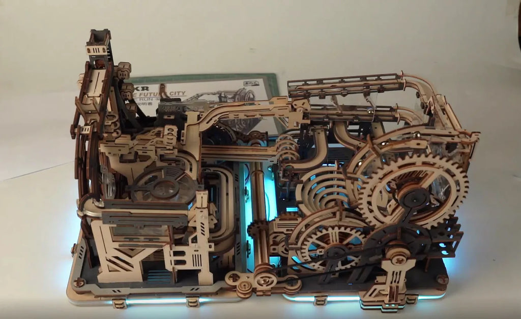 ROBOTIME Rokr Electric Marble Run with Light 3D Puzzle Toys Marble Spaceport - Connect With Night City