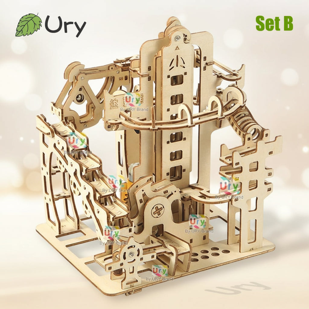 Circuit à Billes en Bois 3D avec Catapulte Électrique - Puzzle Mécanique STEM Éducatif 7 Billes