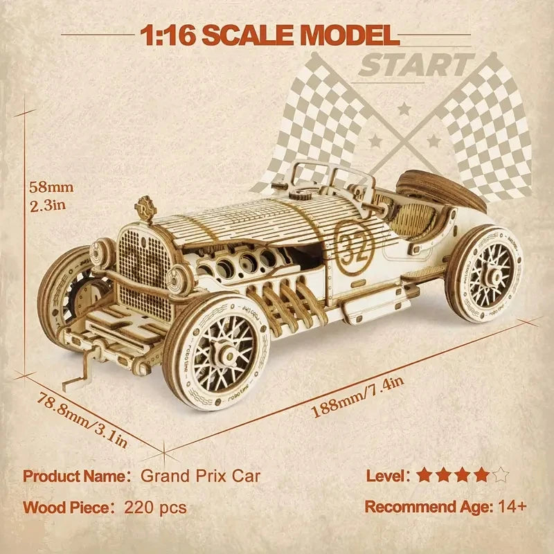 Voiture 3D en Bois Robotime - Puzzle Mécanique DIY Vintage