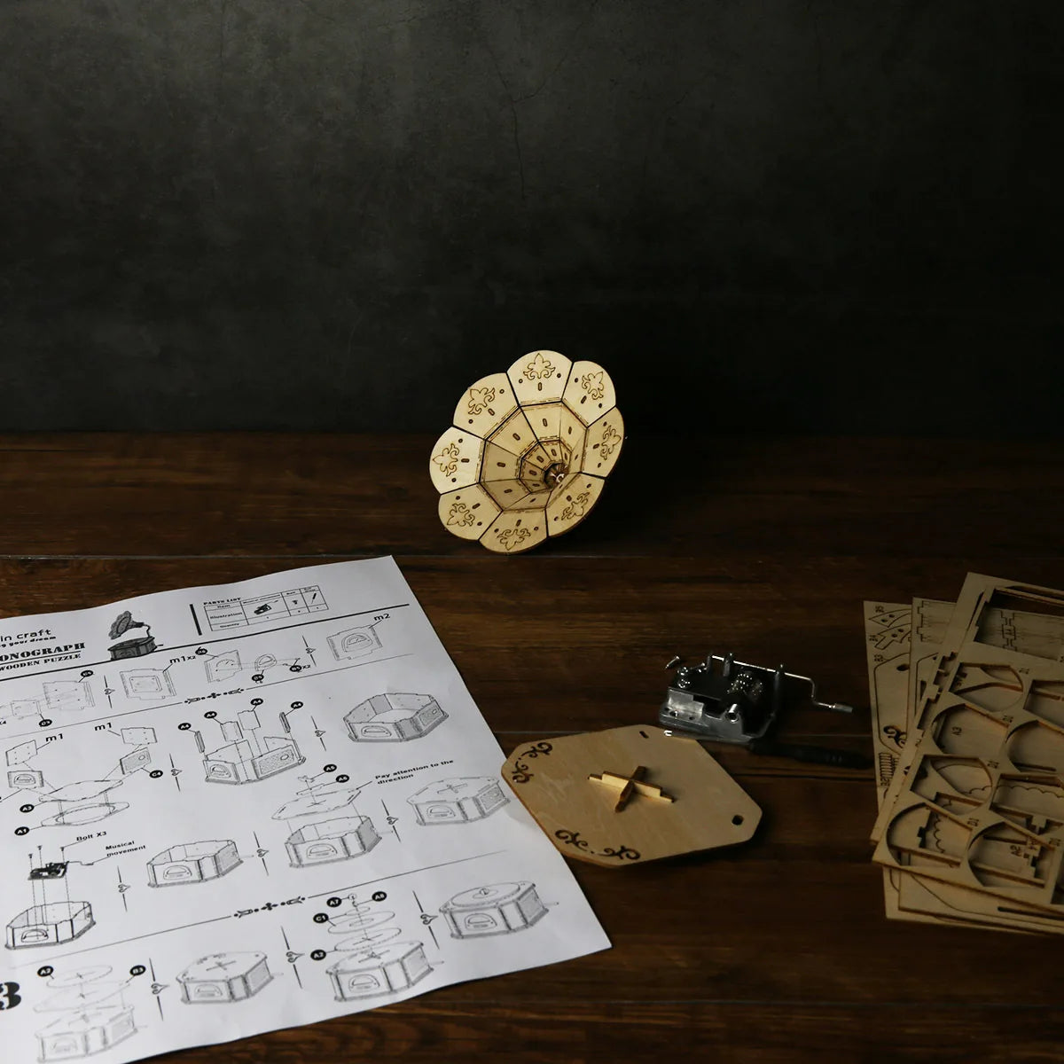 Gramophone Musical 3D en Bois | Boîte à Musique Puzzle DIY | 4 Mélodies Disponibles