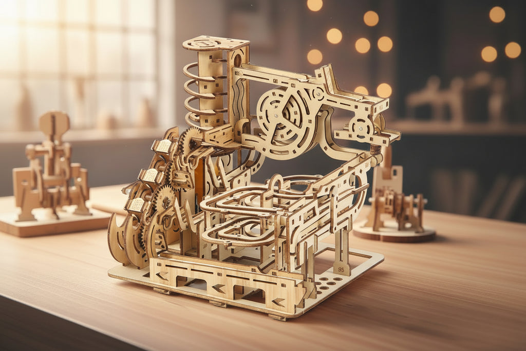 Circuit à Billes en Bois 3D avec Catapulte Électrique - Puzzle Mécanique STEM Éducatif 7 Billes