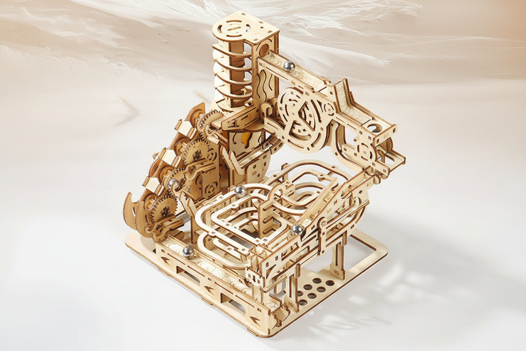 Circuit à Billes en Bois 3D avec Catapulte Électrique - Puzzle Mécanique STEM Éducatif 7 Billes