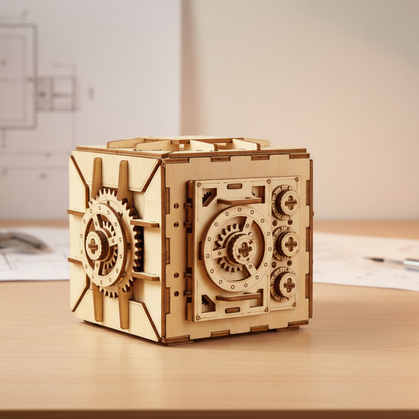 Coffre-Fort Ugears 3D en Bois - Puzzle Mécanique avec Serrure à Combinaison | 179 Pièces