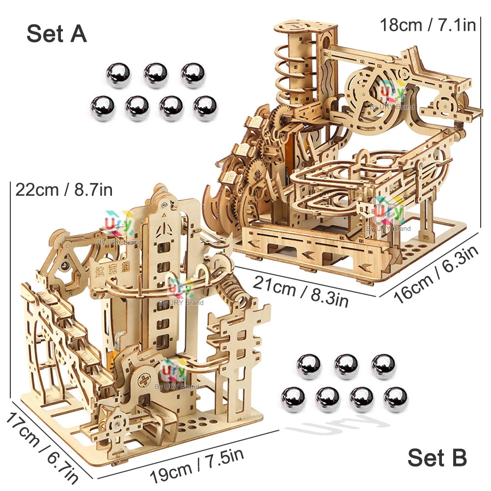 Circuit à Billes en Bois 3D avec Catapulte Électrique - Puzzle Mécanique STEM Éducatif 7 Billes