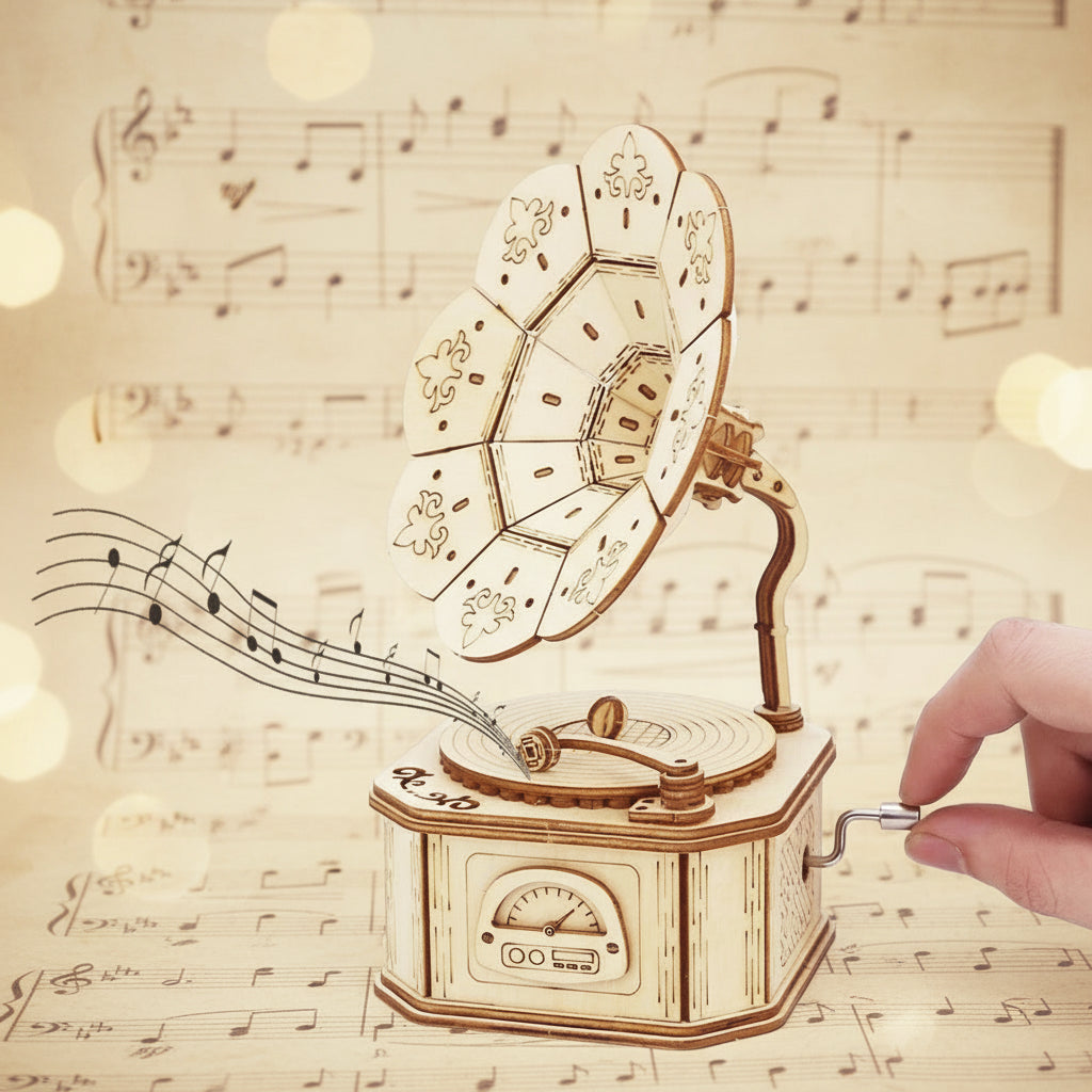 Gramophone Musical 3D en Bois | Boîte à Musique Puzzle DIY | 4 Mélodies Disponibles