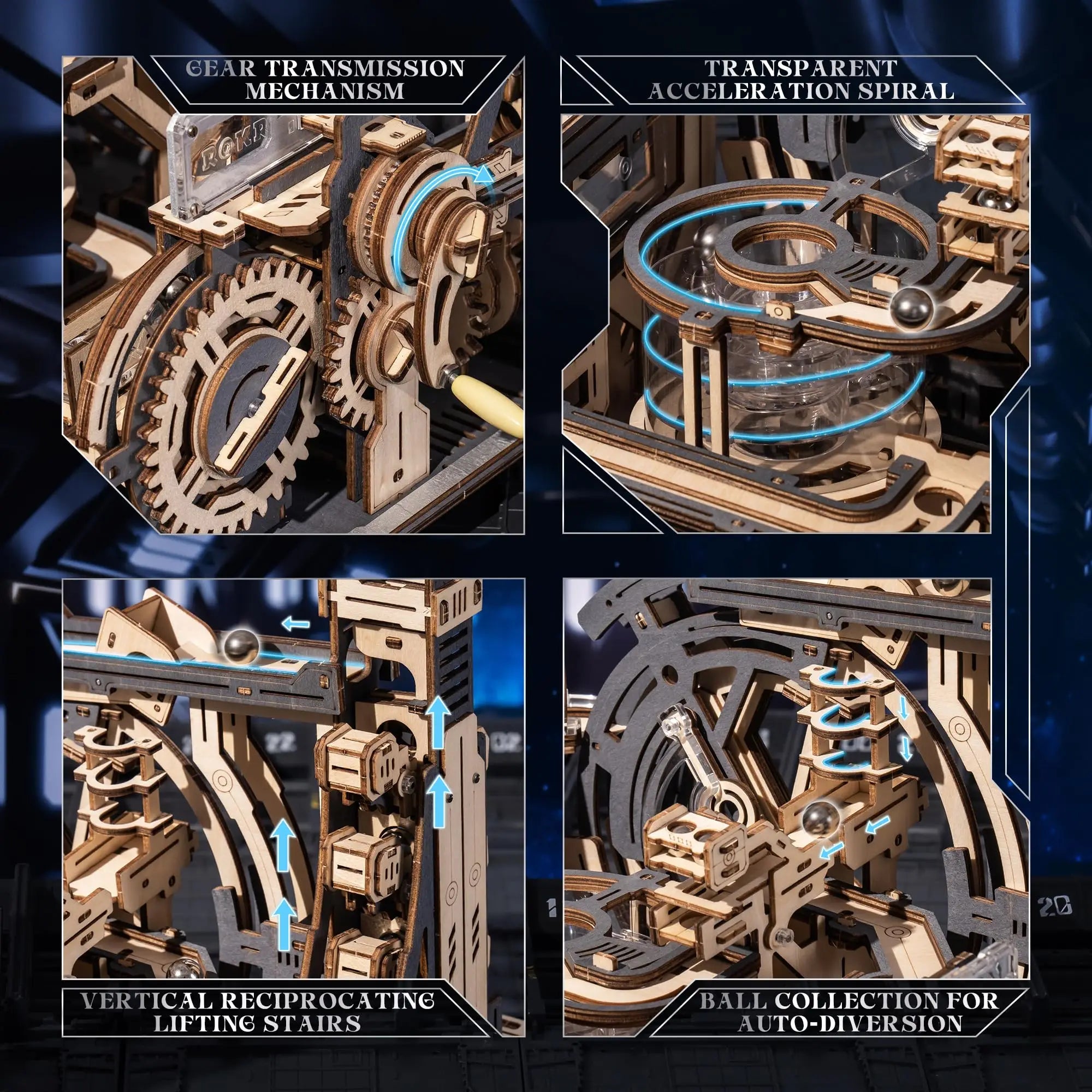 ROBOTIME Rokr Electric Marble Run with Light 3D Puzzle Toys Marble Spaceport - Connect With Night City