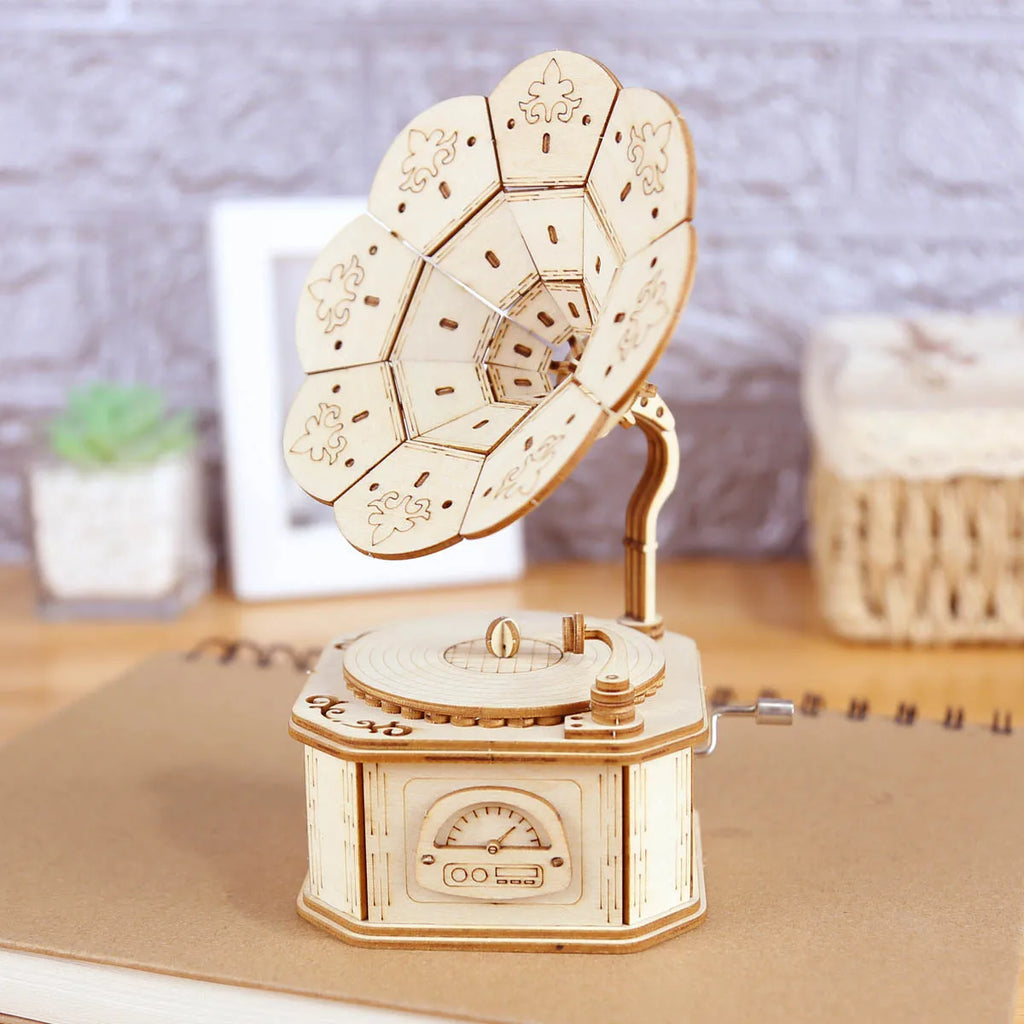 Gramophone Musical 3D en Bois | Boîte à Musique Puzzle DIY | 4 Mélodies Disponibles