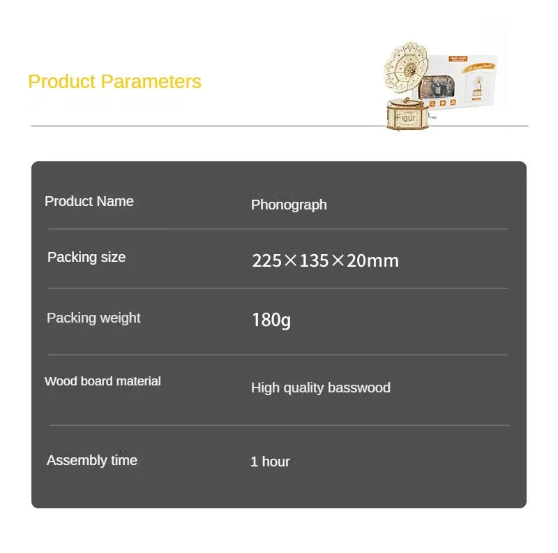 Gramophone Musical 3D en Bois | Boîte à Musique Puzzle DIY | 4 Mélodies Disponibles