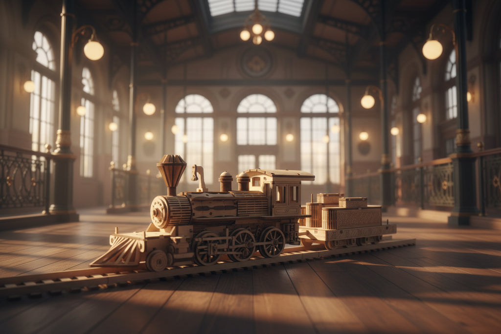 Train à Vapeur 3D en Bois avec Pont Ferroviaire - Puzzle Mécanique Rétro DIY