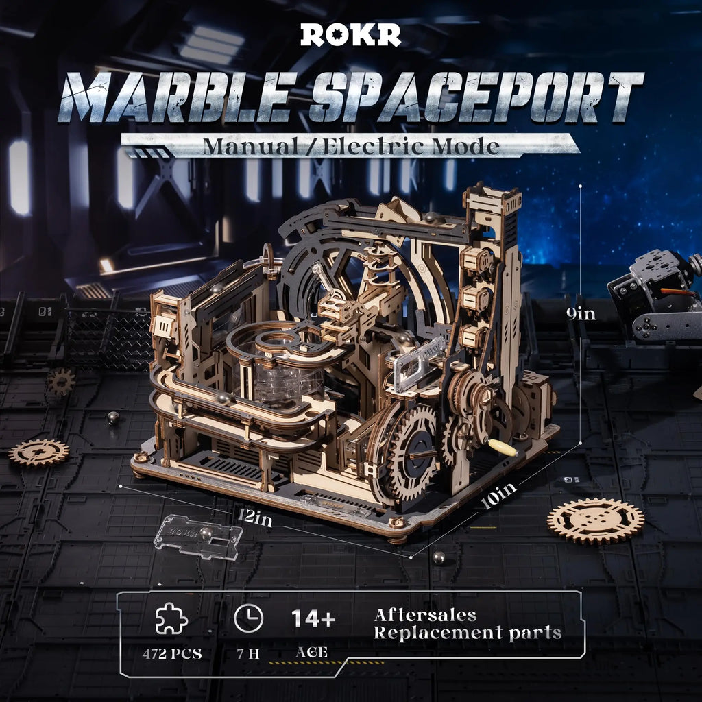 ROBOTIME Rokr Electric Marble Run with Light 3D Puzzle Toys Marble Spaceport - Connect With Night City