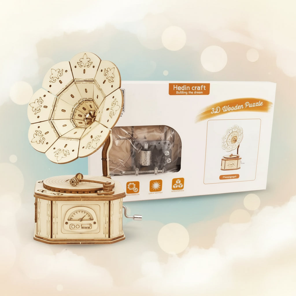 Gramophone Musical 3D en Bois | Boîte à Musique Puzzle DIY | 4 Mélodies Disponibles