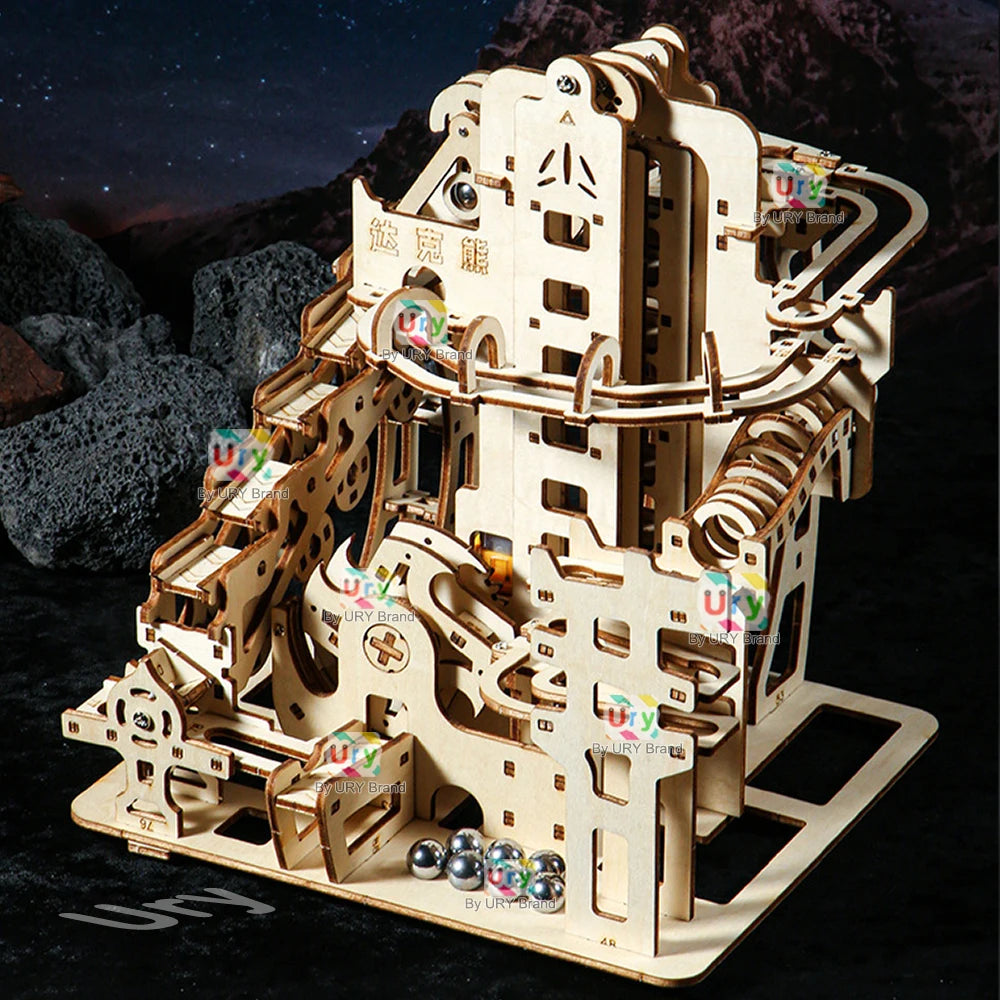 Circuit à Billes en Bois 3D avec Catapulte Électrique - Puzzle Mécanique STEM Éducatif 7 Billes