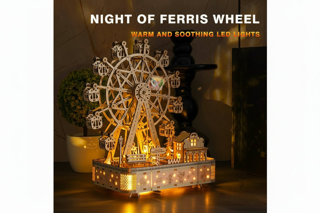 Grande Roue Musicale 3D LED Robotime - Boîte à Musique Lumineuse en Bois