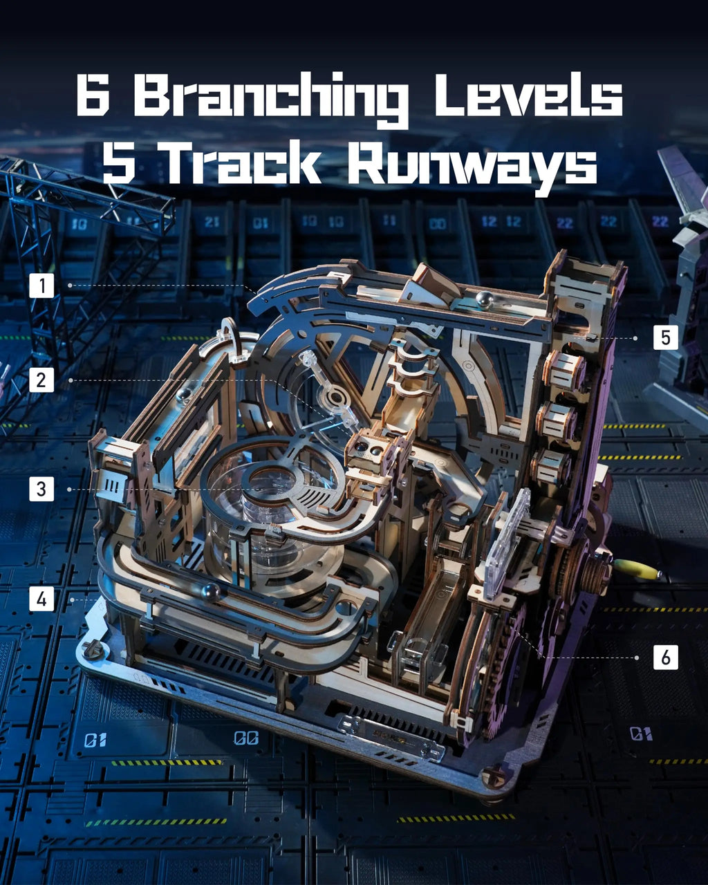 ROBOTIME Rokr Electric Marble Run with Light 3D Puzzle Toys Marble Spaceport - Connect With Night City