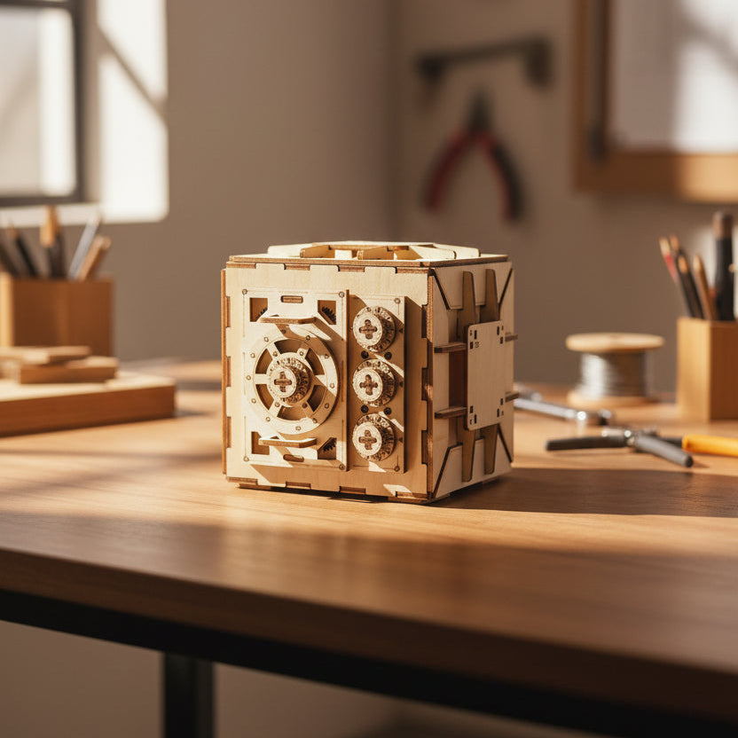 Coffre-Fort Ugears 3D en Bois - Puzzle Mécanique avec Serrure à Combinaison | 179 Pièces