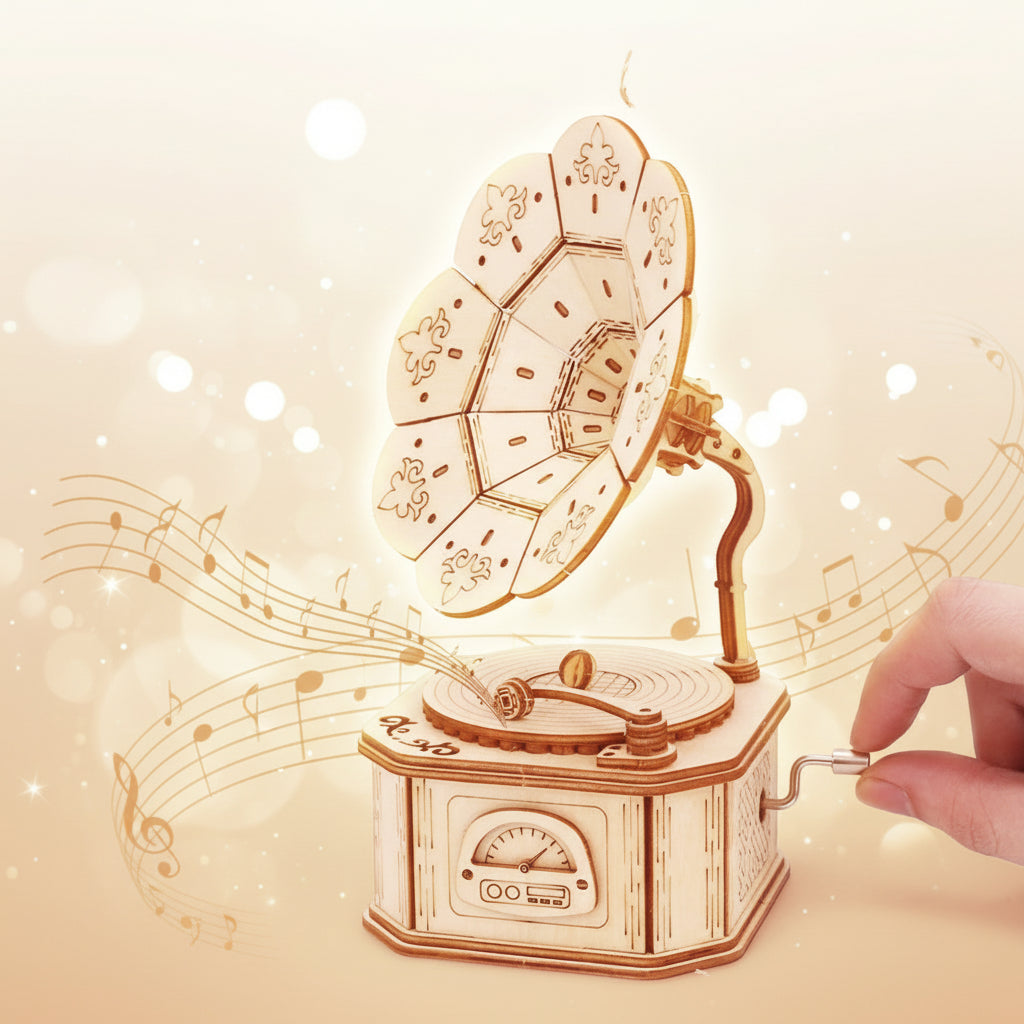 Gramophone Musical 3D en Bois | Boîte à Musique Puzzle DIY | 4 Mélodies Disponibles