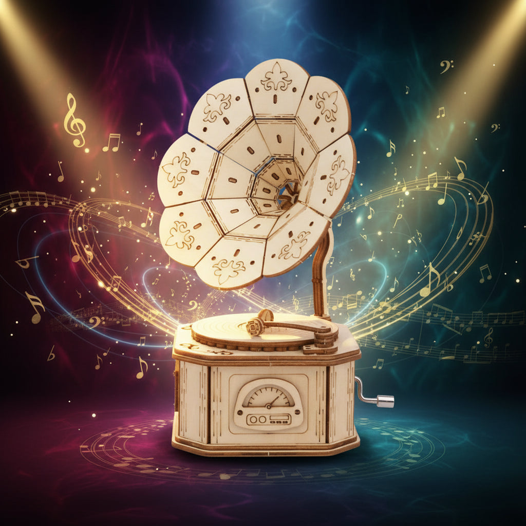 Gramophone Musical 3D en Bois | Boîte à Musique Puzzle DIY | 4 Mélodies Disponibles