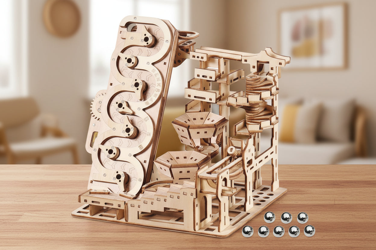 Puzzle 3D en Bois - Circuit à Billes Électrique avec Boussole