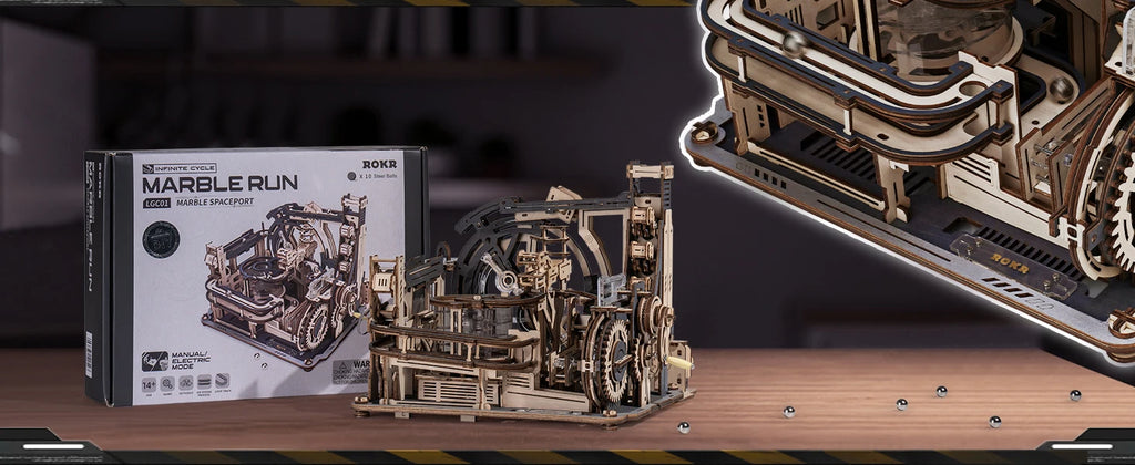 ROBOTIME Rokr Electric Marble Run with Light 3D Puzzle Toys Marble Spaceport - Connect With Night City