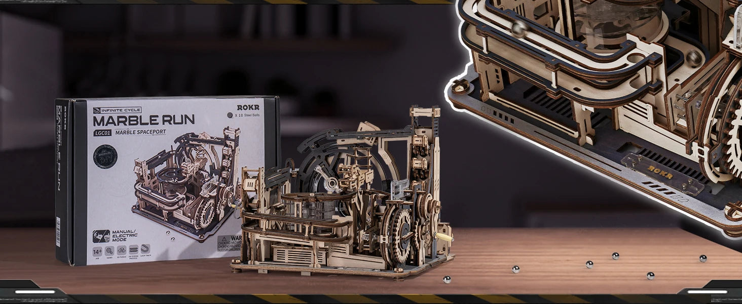 ROBOTIME Rokr Electric Marble Run with Light 3D Puzzle Toys Marble Spaceport - Connect With Night City