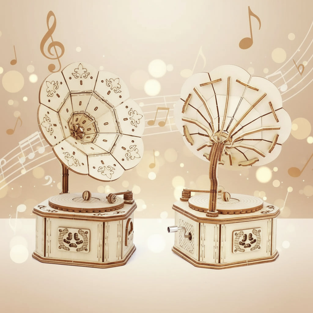 Gramophone Musical 3D en Bois | Boîte à Musique Puzzle DIY | 4 Mélodies Disponibles
