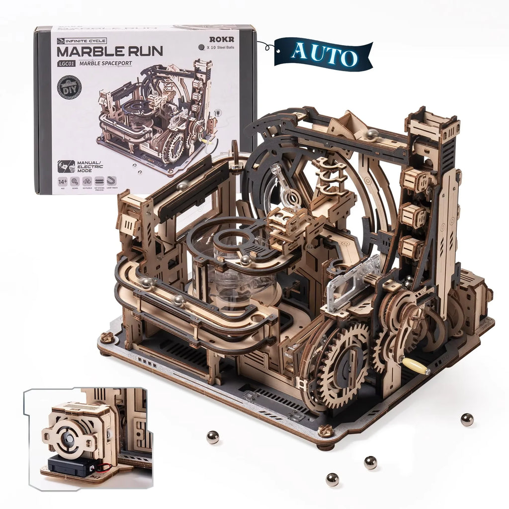 ROBOTIME Rokr Electric Marble Run with Light 3D Puzzle Toys Marble Spaceport - Connect With Night City