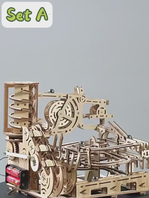 Circuit à Billes en Bois 3D avec Catapulte Électrique - Puzzle Mécanique STEM Éducatif 7 Billes